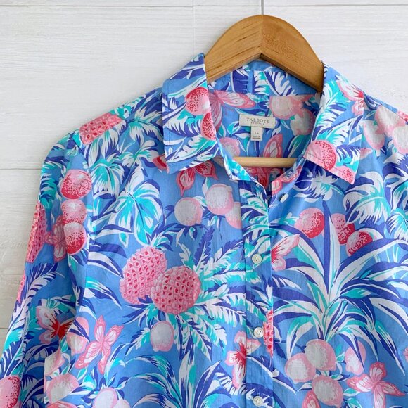 Talbots Petites - Blue tropical fruit lightweight cotton button up shirt, LP - Picture 2 of 5